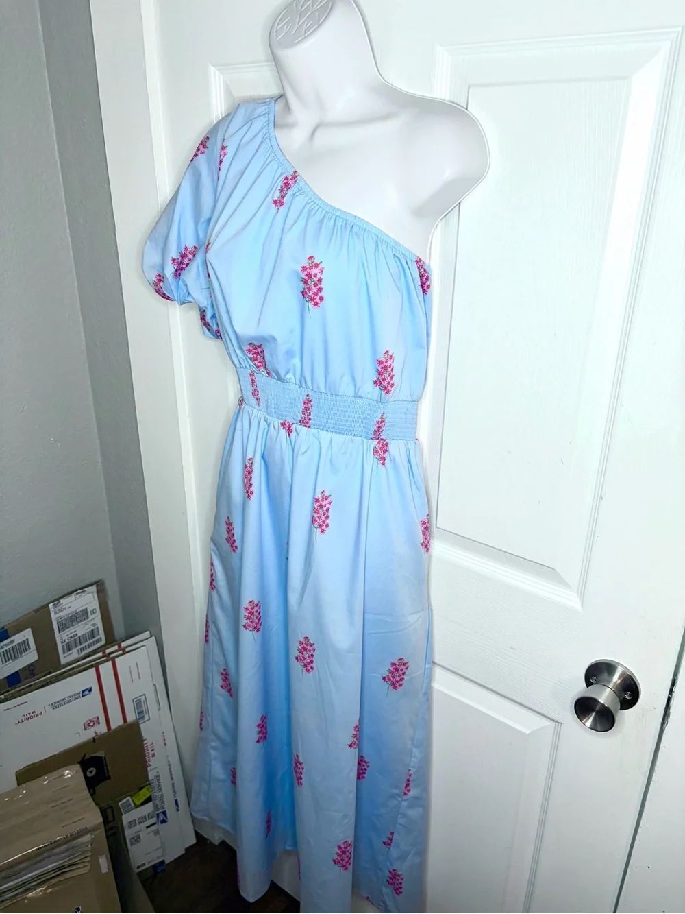 SUGARLIPS Gelato Baby Blue Pink Floral Bridgette Cotton One Shoulder Midi Dress - Picture 8 of 13